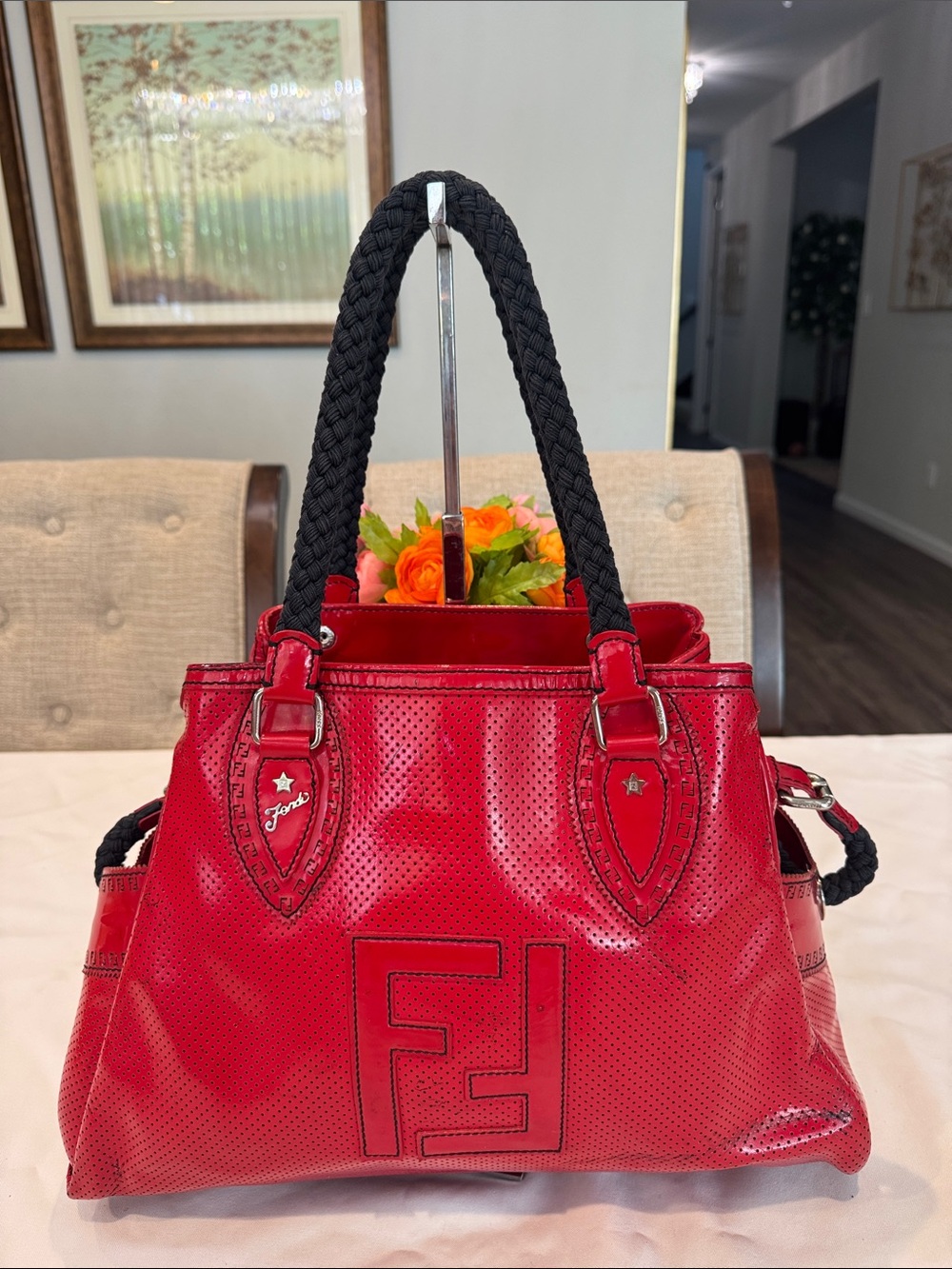 Authentic Fendi Red Patent Satchel with Black Braided Handles - Picture 3 of 17